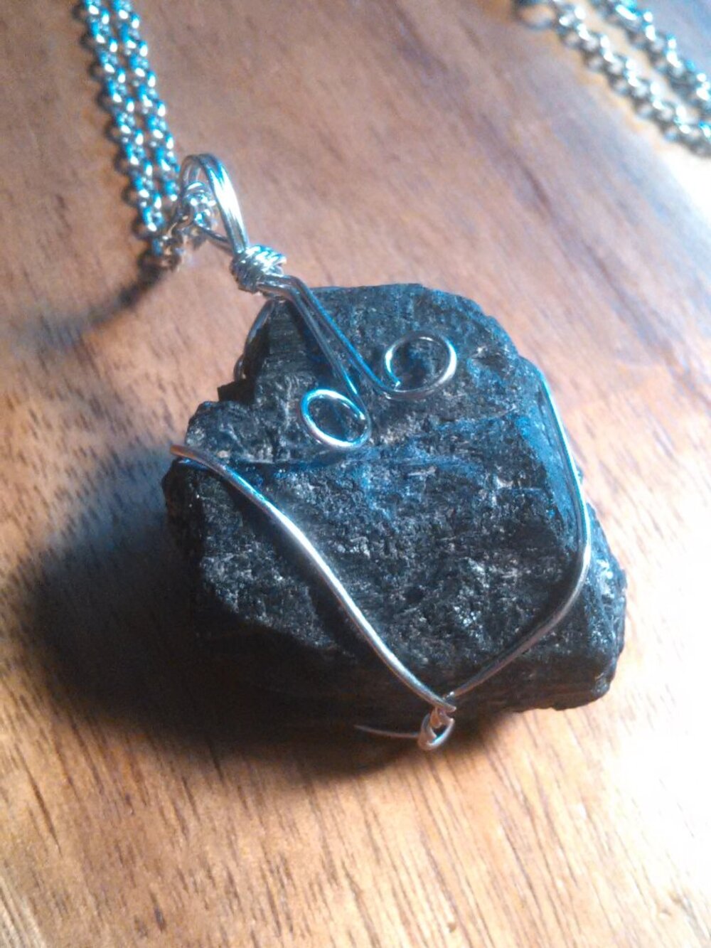 Rough Cut Black Tourmaline Silvertone Stainless Steel Pendant Necklace